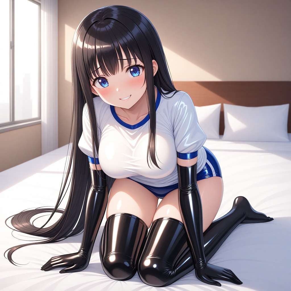 エナメル体操服青ブルマ黒長手袋サイハイソックス