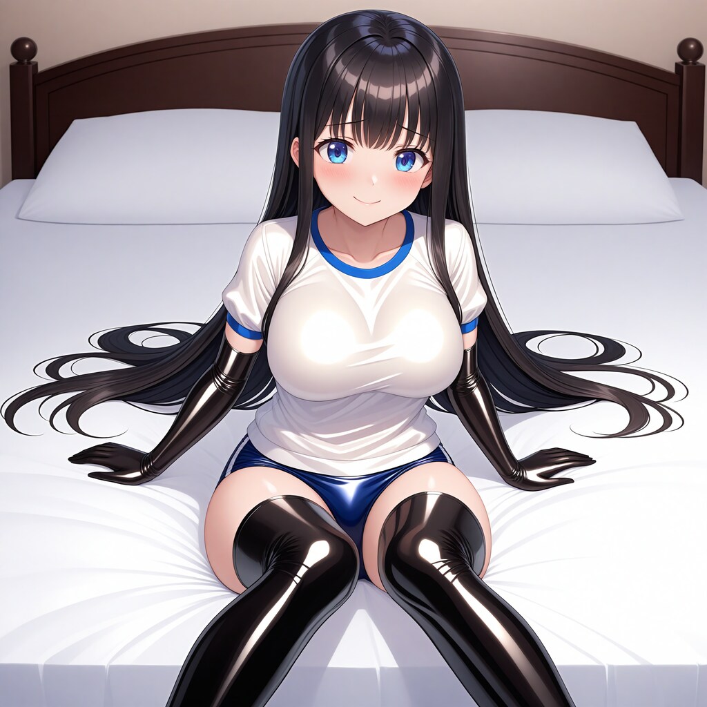 エナメル体操服青ブルマ黒長手袋サイハイソックス