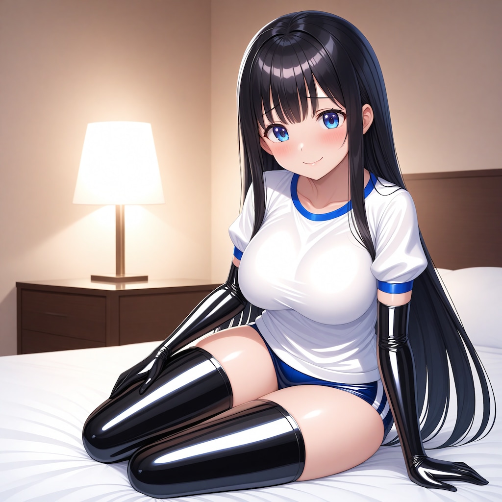エナメル体操服青ブルマ黒長手袋サイハイソックス