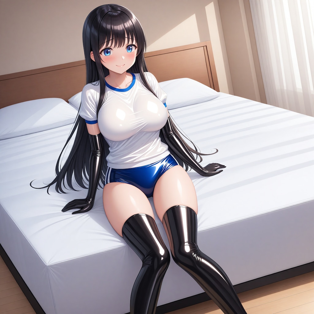 エナメル体操服青ブルマ黒長手袋サイハイソックス