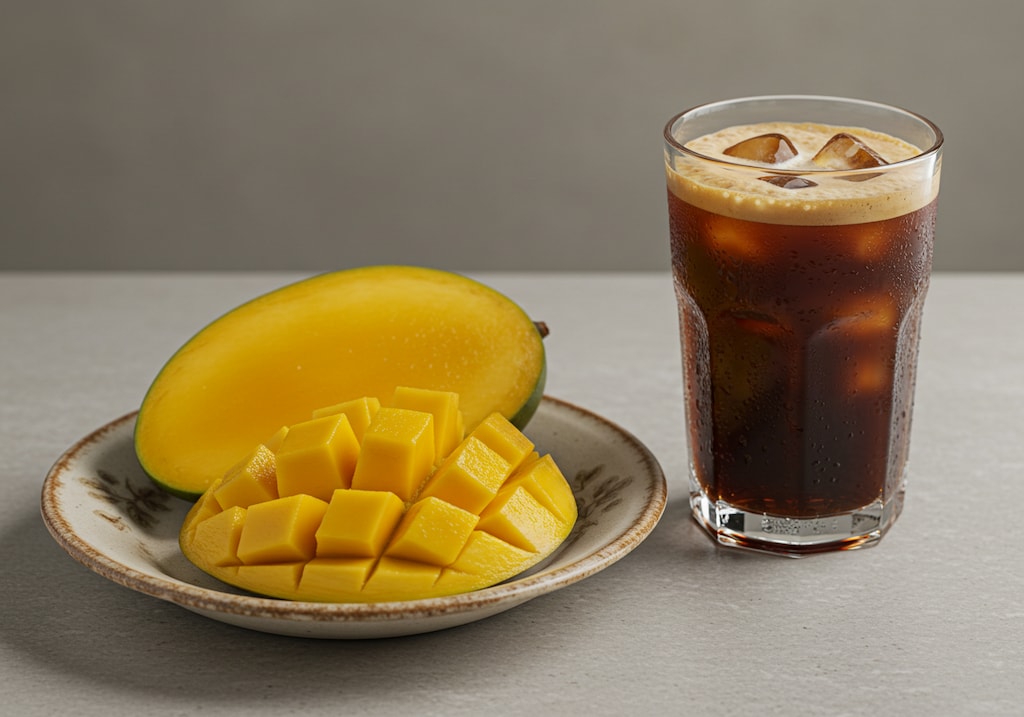 デザートのマンゴーとアイス珈琲のセット