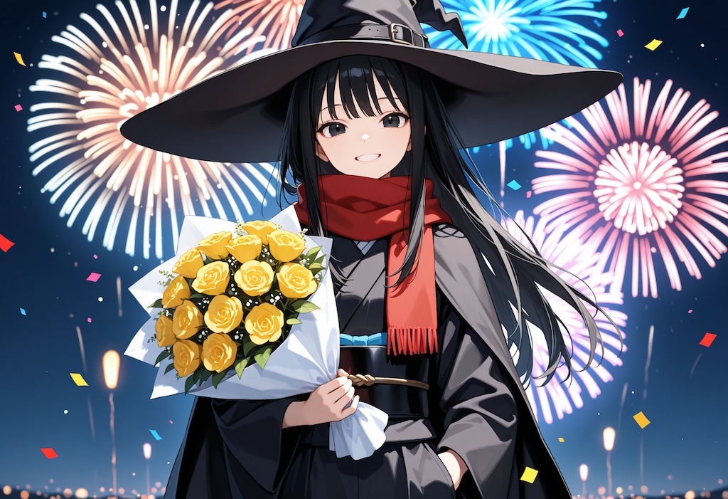 花火の中で花束贈呈する魔女さん