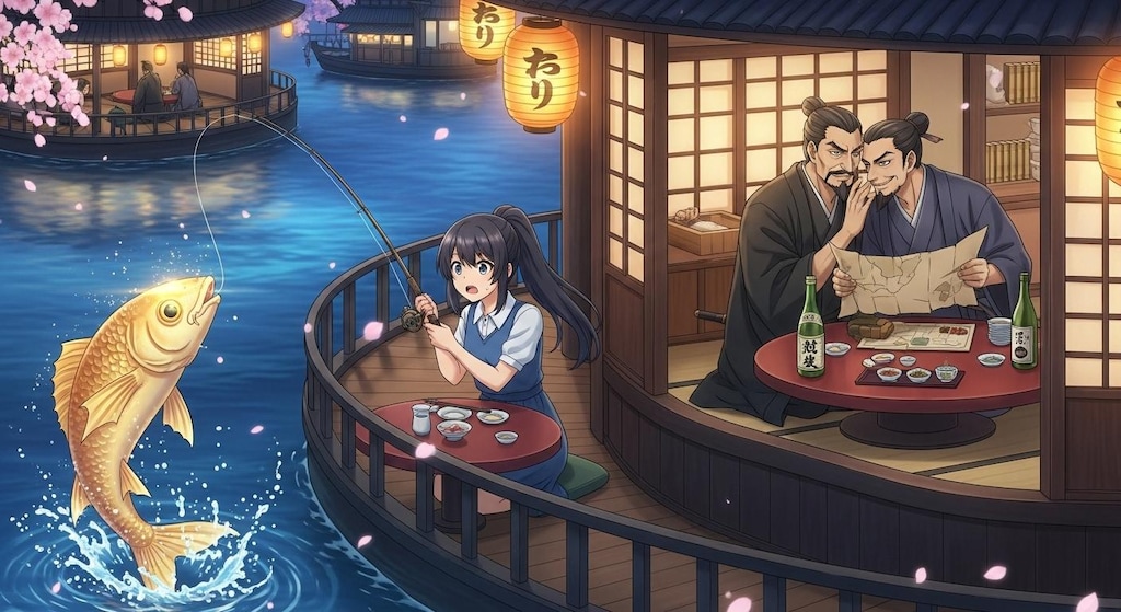 時代劇の悪代官と商人が悪だくみをしている料亭で釣り