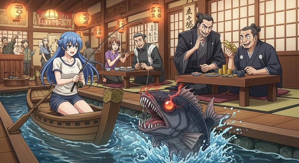 時代劇の悪代官と商人が悪だくみをしている料亭で釣り