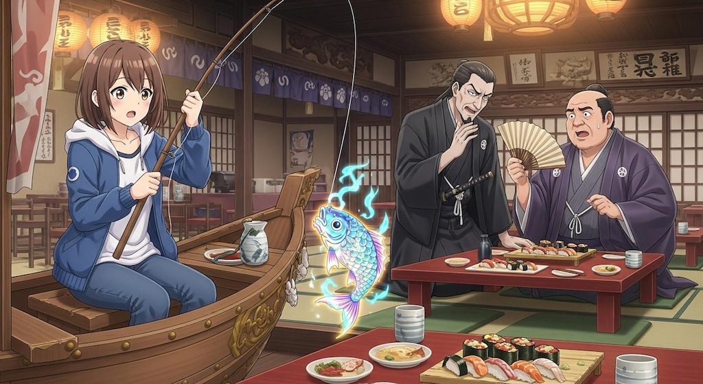 時代劇の悪代官と商人が悪だくみをしている料亭で釣り