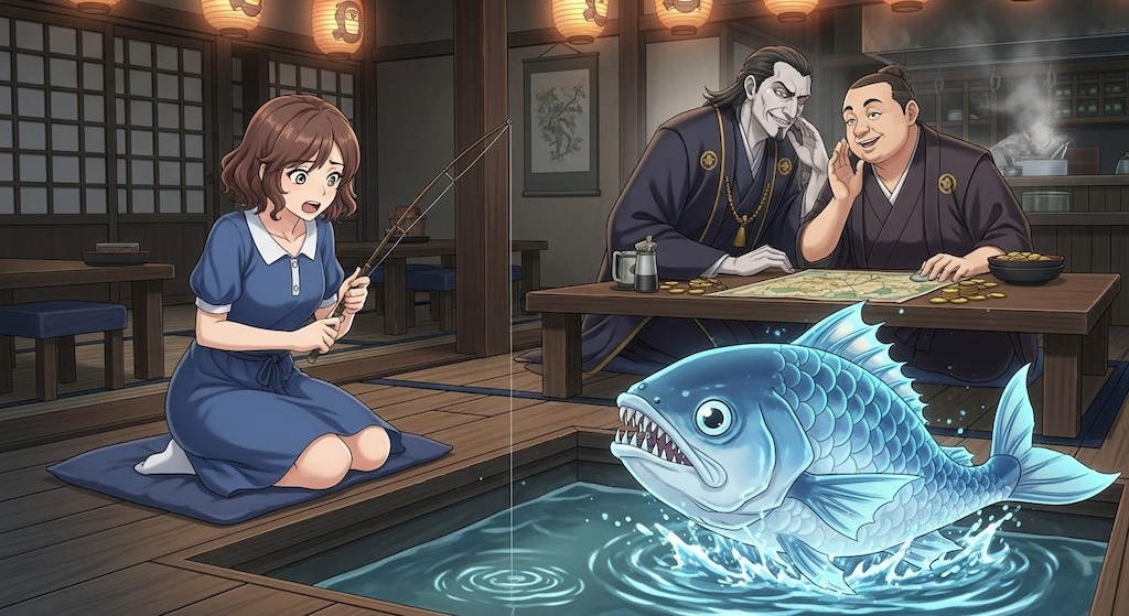時代劇の悪代官と商人が悪だくみをしている料亭で釣り