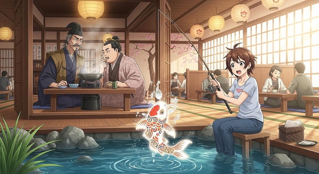 時代劇の悪代官と商人が悪だくみをしている料亭で釣り
