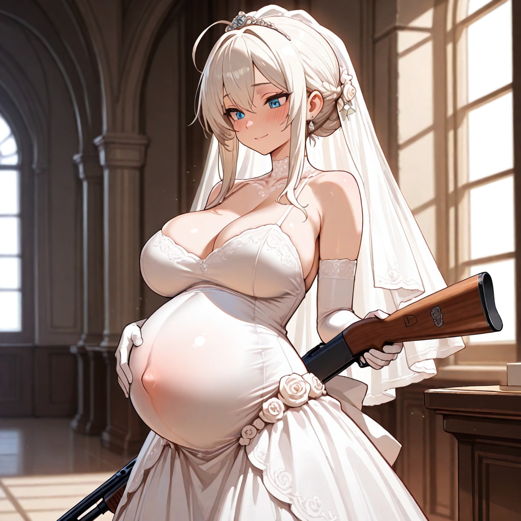 ウェディングドレスを着た妊婦とショットガン
