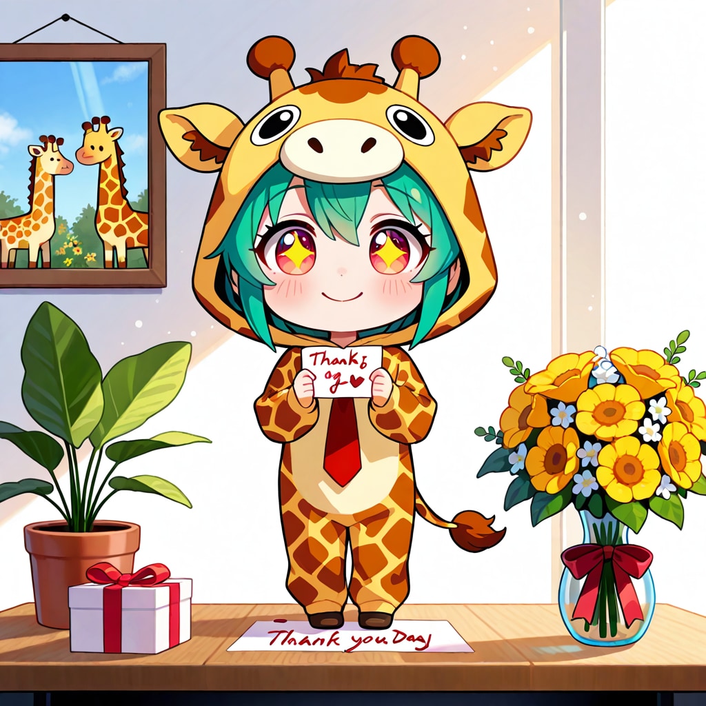 感謝を伝えるキリン着ぐるみちび子ちゃん
