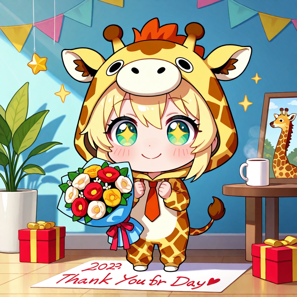 感謝を伝えるキリン着ぐるみちび子ちゃん