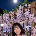 月の光に照らされて、藤の花が逆さに水面に映ります。夜の藤棚も幻想的で美しいですw 2枚目