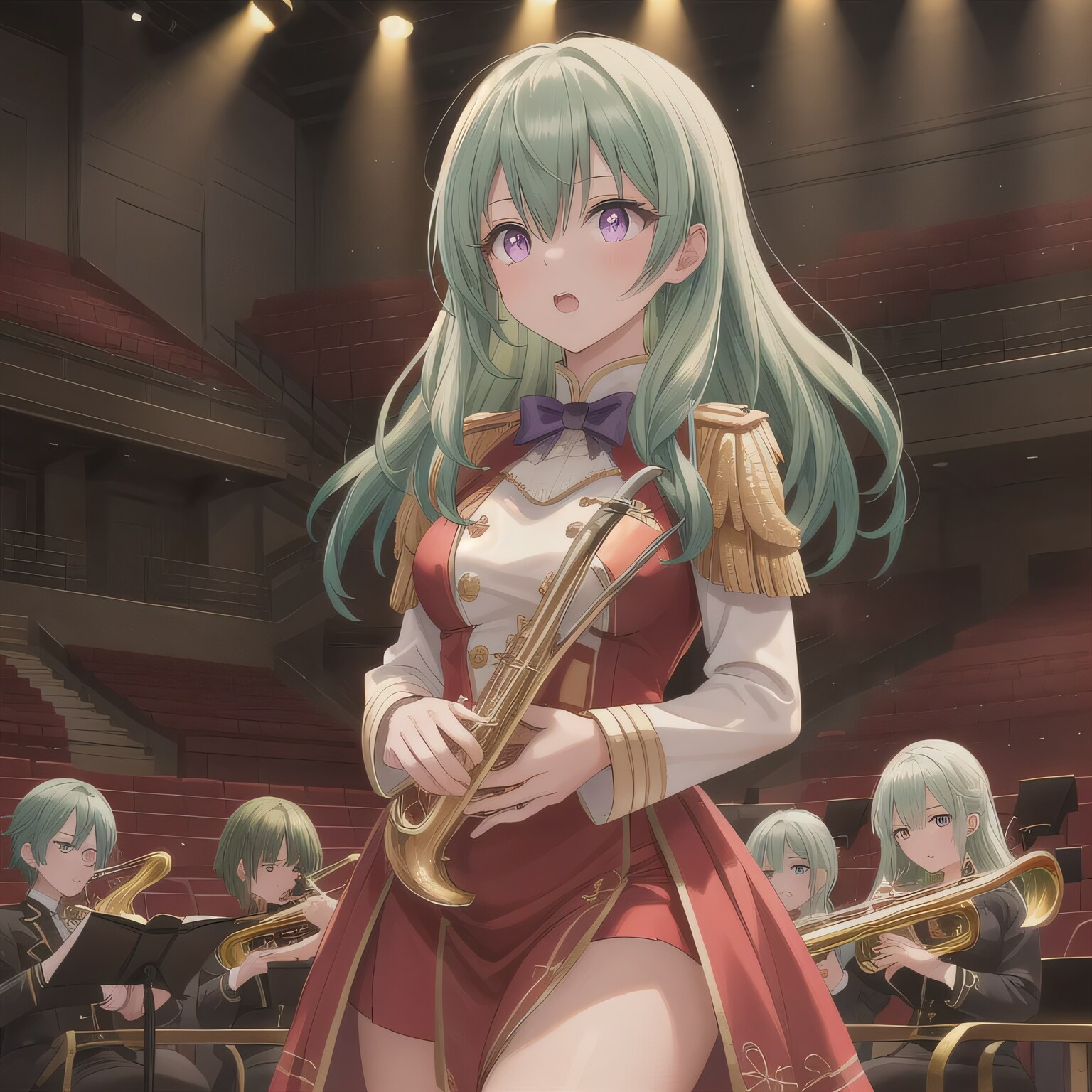 緑髪ロングでブラスバンドの少女 | の人気AIイラスト・グラビア