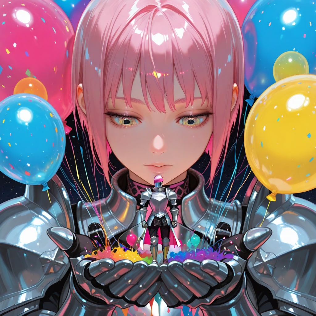 色とりどりの風船を持つピンク髪ショートカットの騎士の美女 | の人気AIイラスト・グラビア