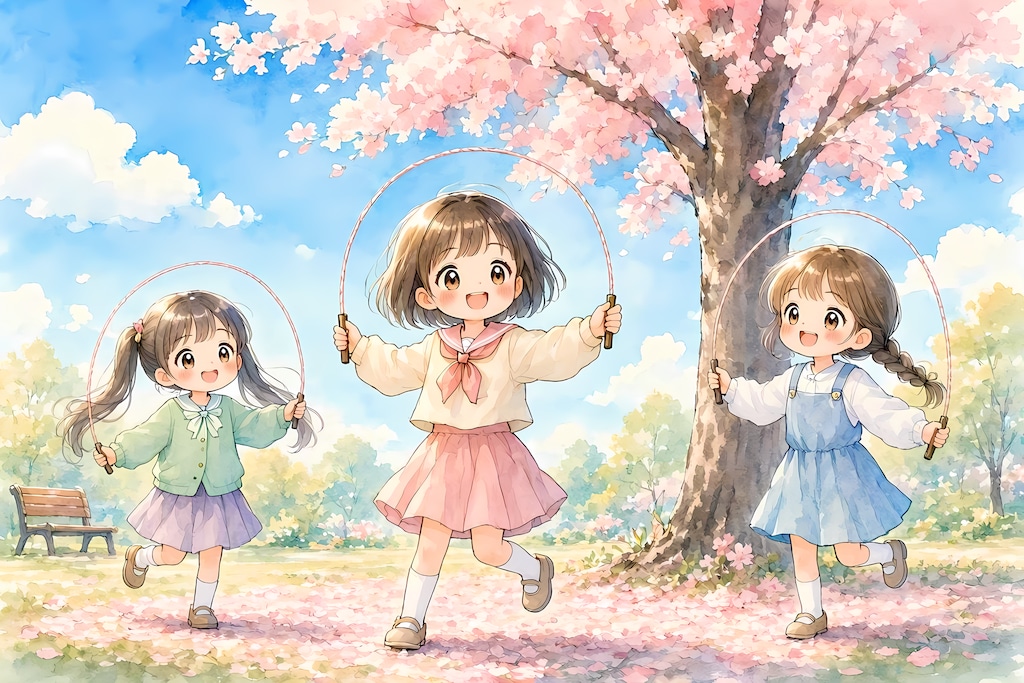 水彩画風ちびキャラの少女たち