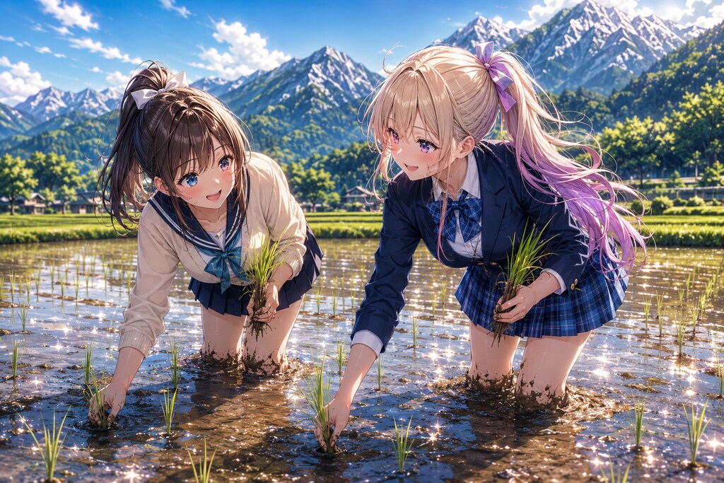 自然豊かな田舎で田植えをするJK