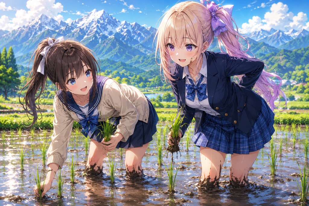 自然豊かな田舎で田植えをするJK