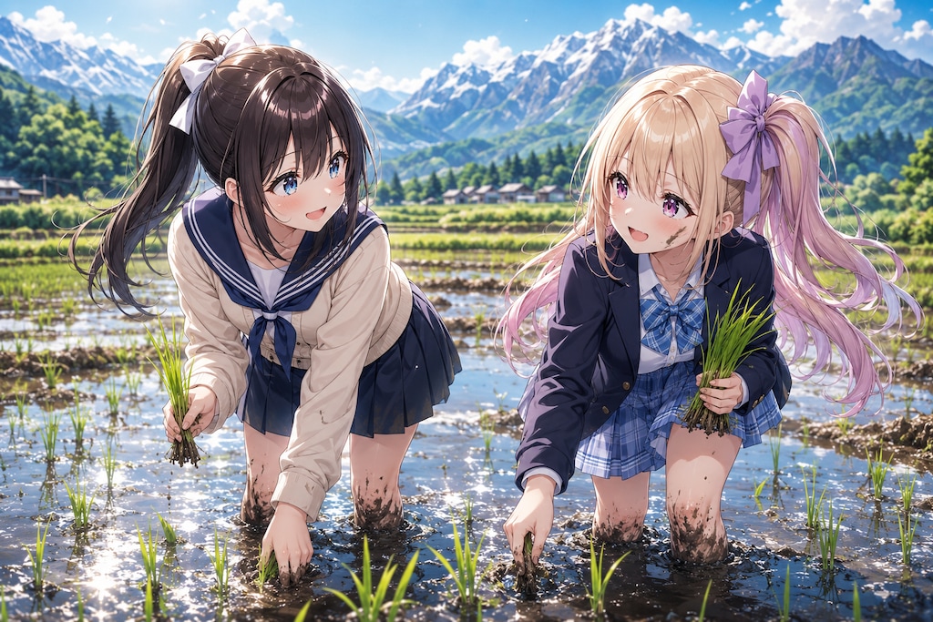 自然豊かな田舎で田植えをするJK