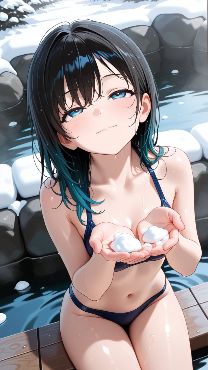 雪見温泉で水着（季節はずれの水着） | の人気AIイラスト・グラビア