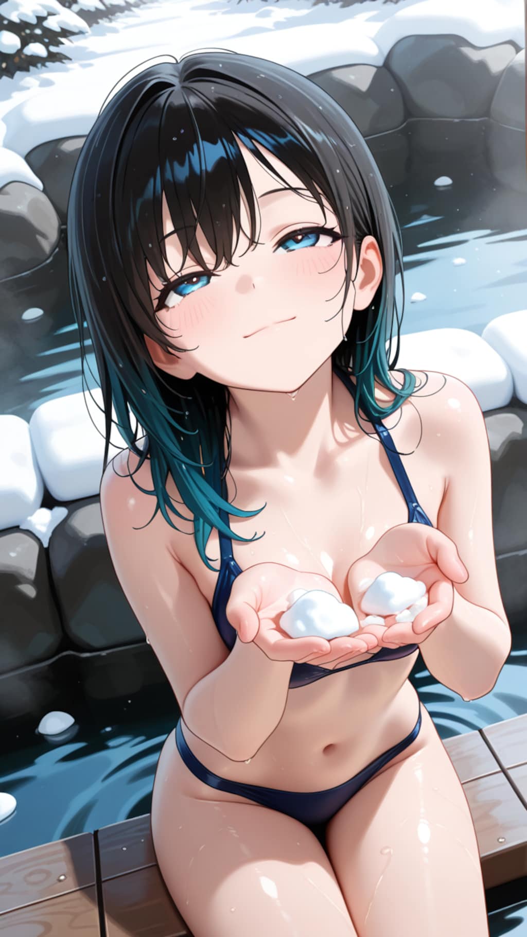 雪見温泉で水着（季節はずれの水着）