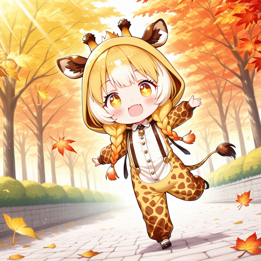 秋の並木道とキリン着ぐるみちび子ちゃん