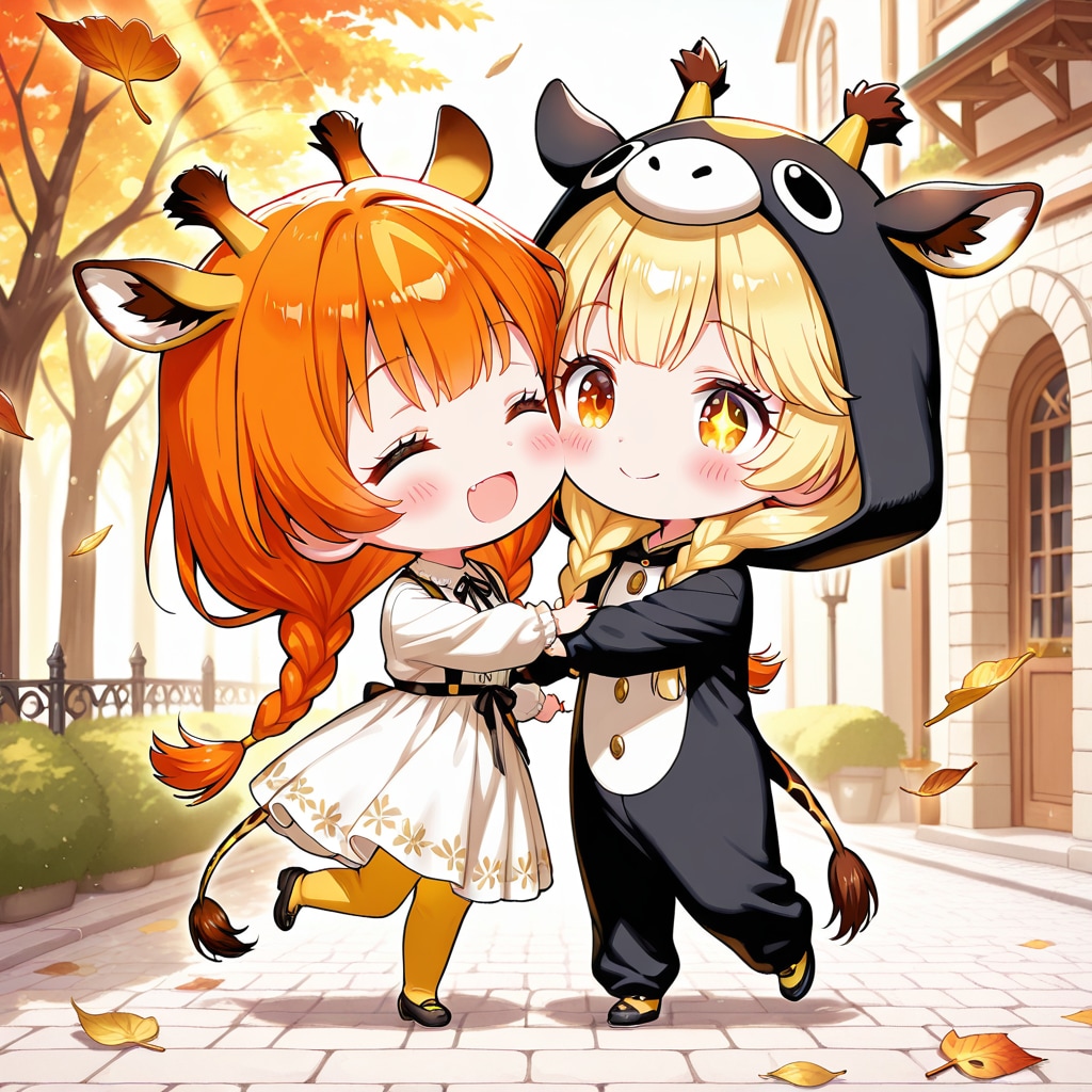 秋の並木道とキリン着ぐるみちび子ちゃん