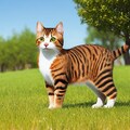 猫のボブが芝生でペットボトルする 2枚目