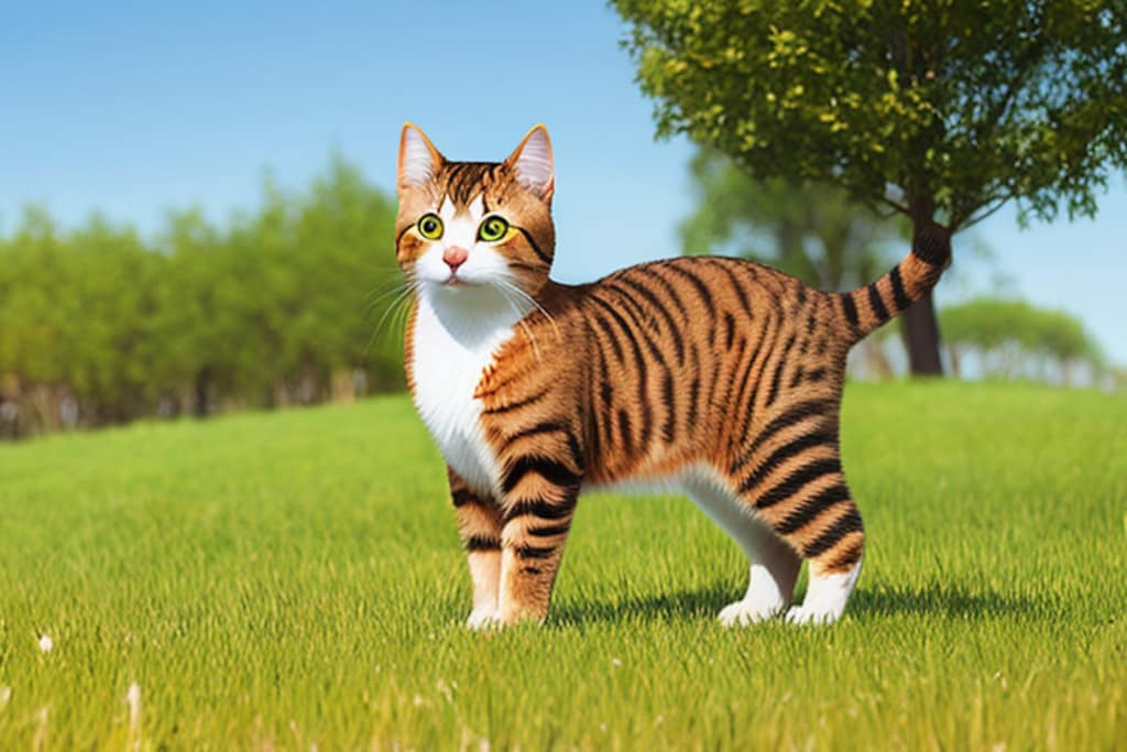 猫のボブが芝生でペットボトルする
