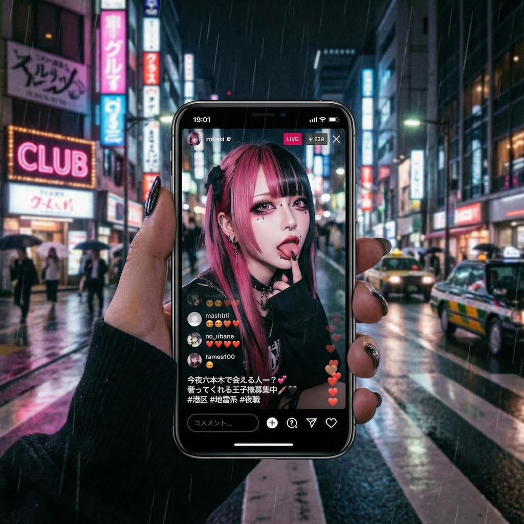 港区地雷系女子、夜の六本木で顧客にアピール