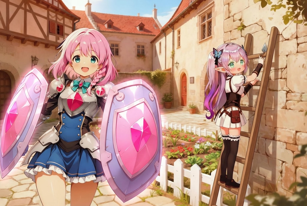 修繕作業するすみれちゃんと畑を守るタンクちゃん