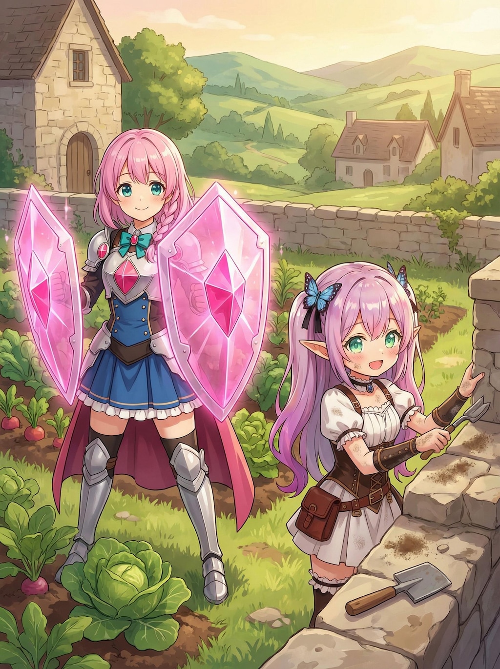 修繕作業するすみれちゃんと畑を守るタンクちゃん