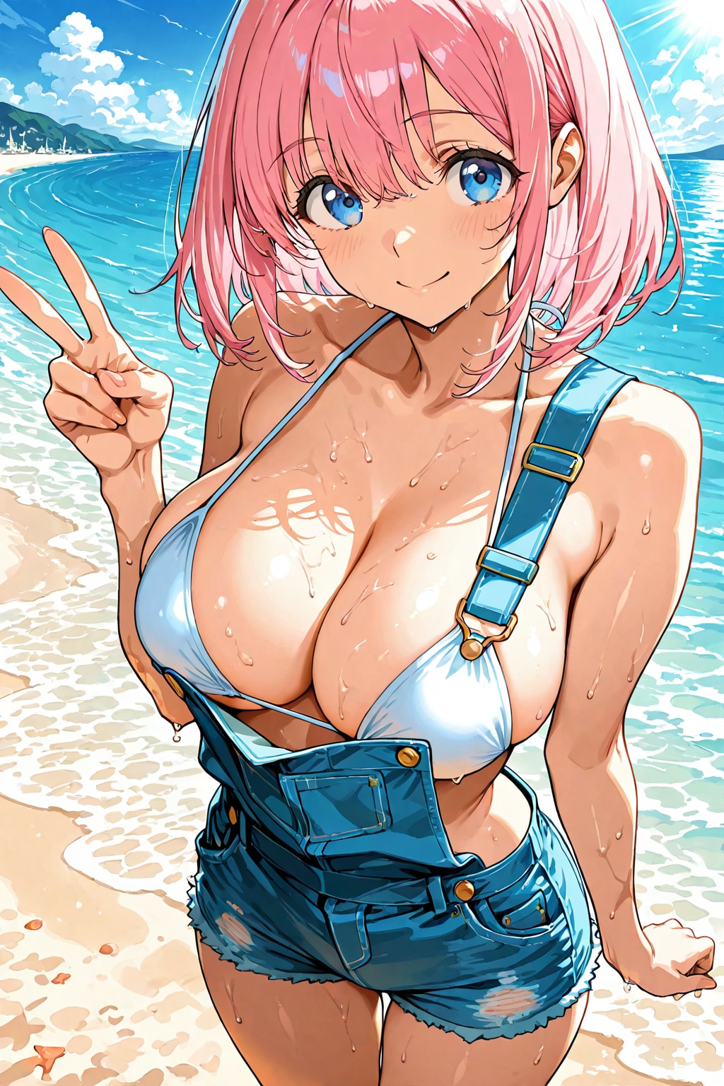 波打ち際のピースサイン