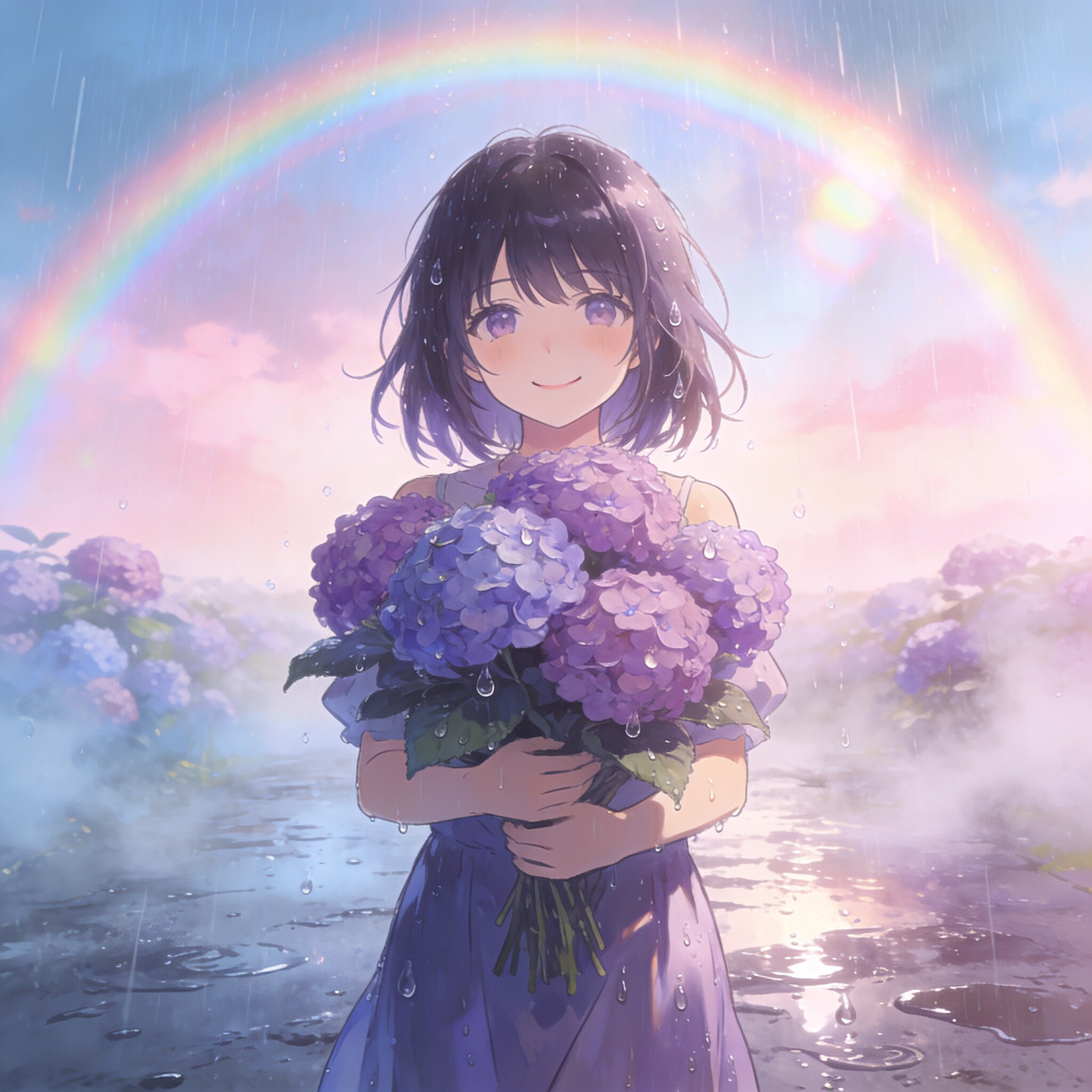 雨上がりの虹と紫陽花と