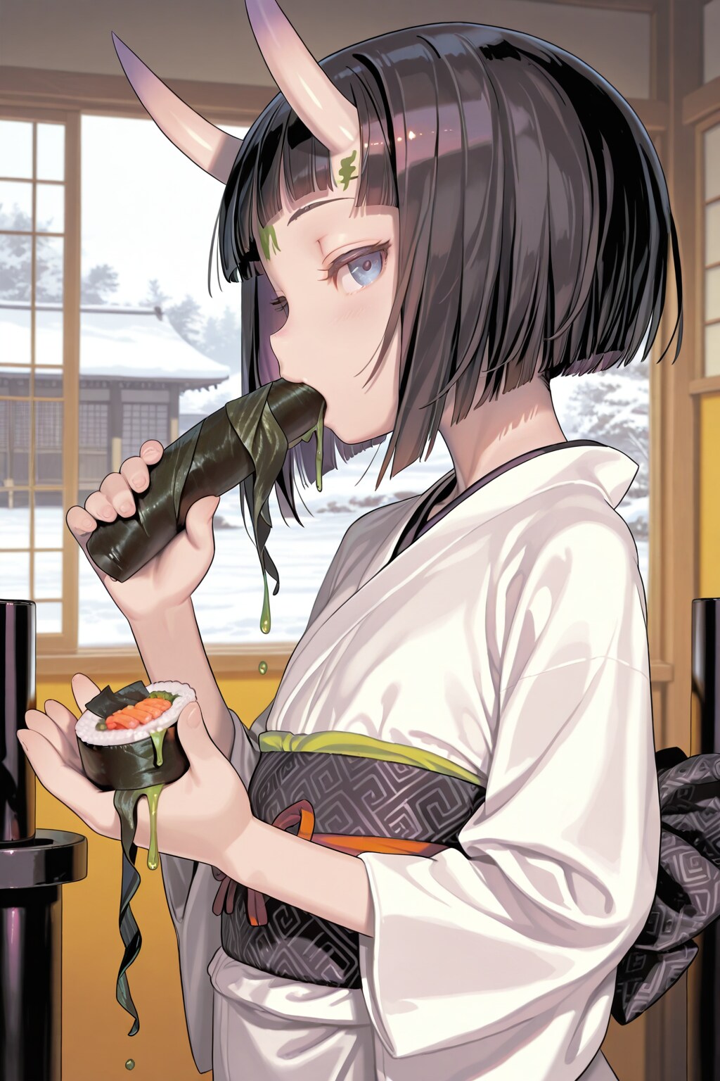 恵方巻きを食べる鬼っ娘