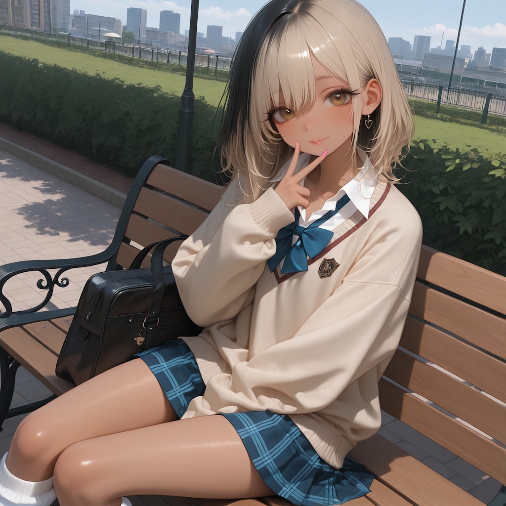 ベンチに座るギャル