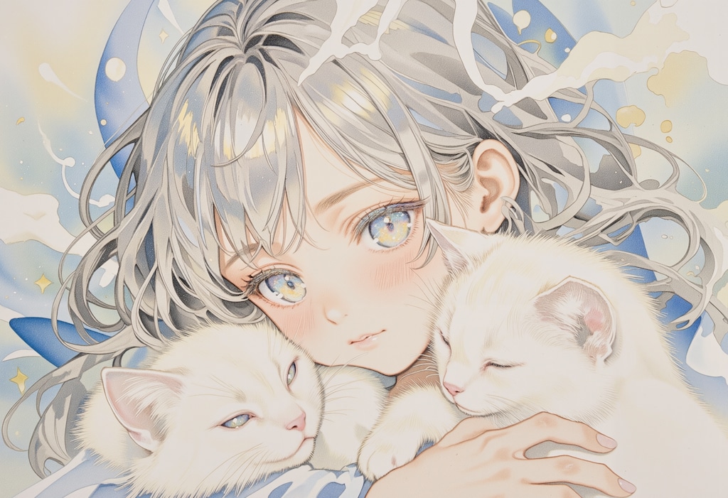 銀髪の女の子と白い猫