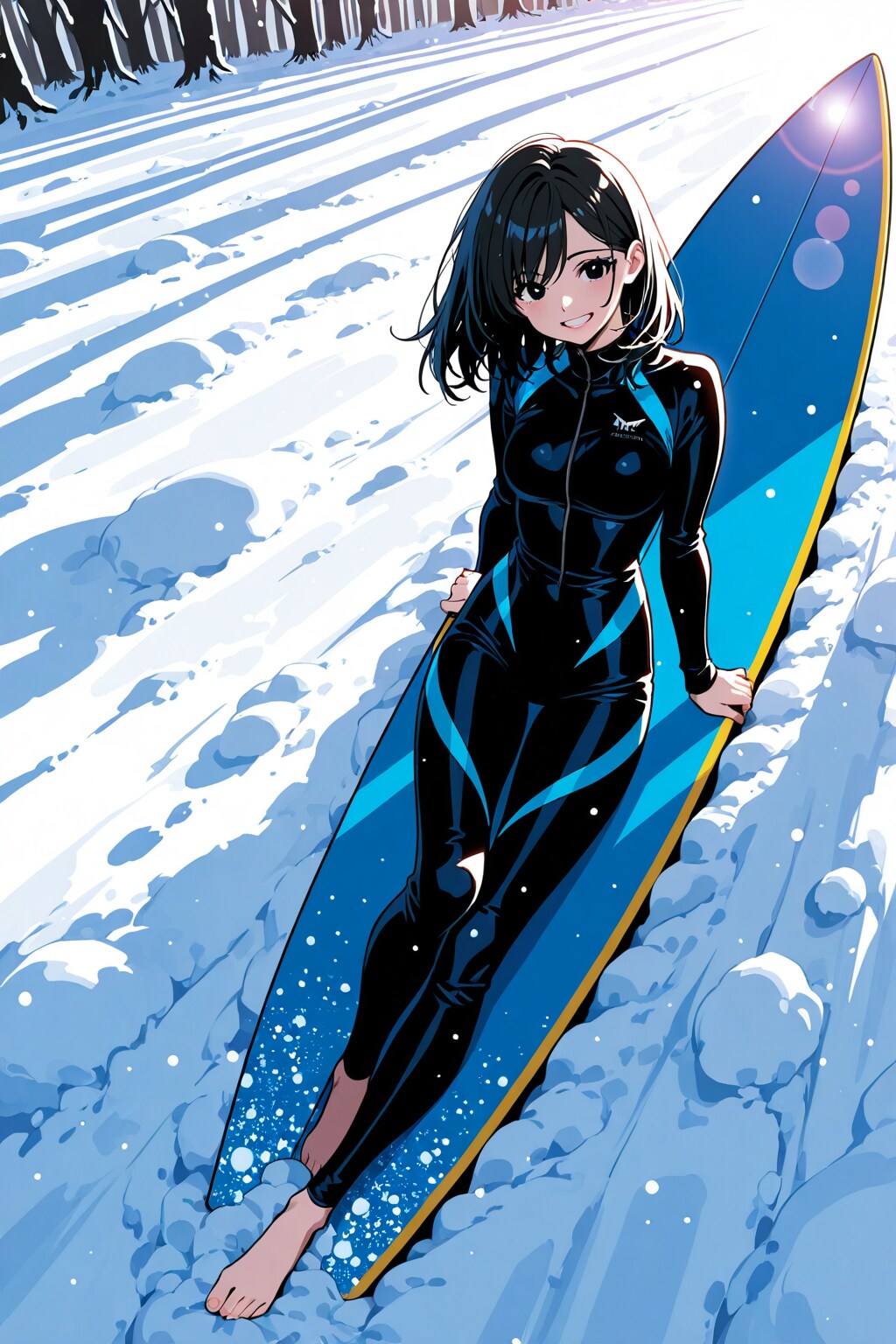 雪原でサーフィン