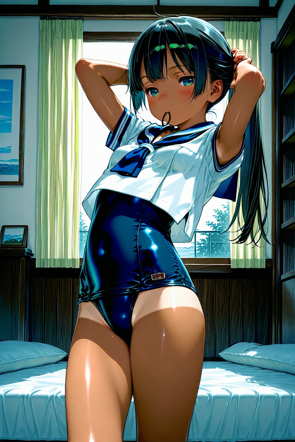 セーラー服の下にスク水を着て登校準備中の少女