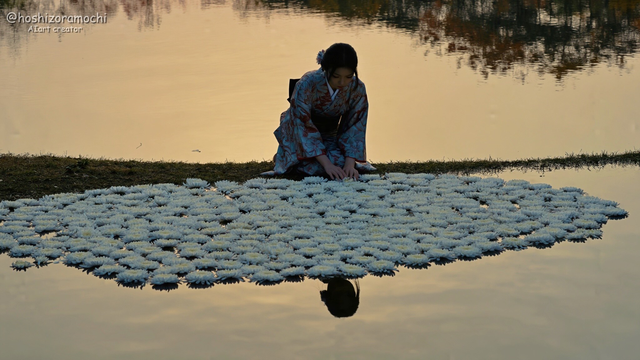 悠久の静寂：水面に揺れる白菊の祈り