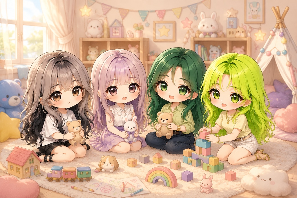 ちびキャラ化（レージュ、ラベンダー、緑、ライム）
