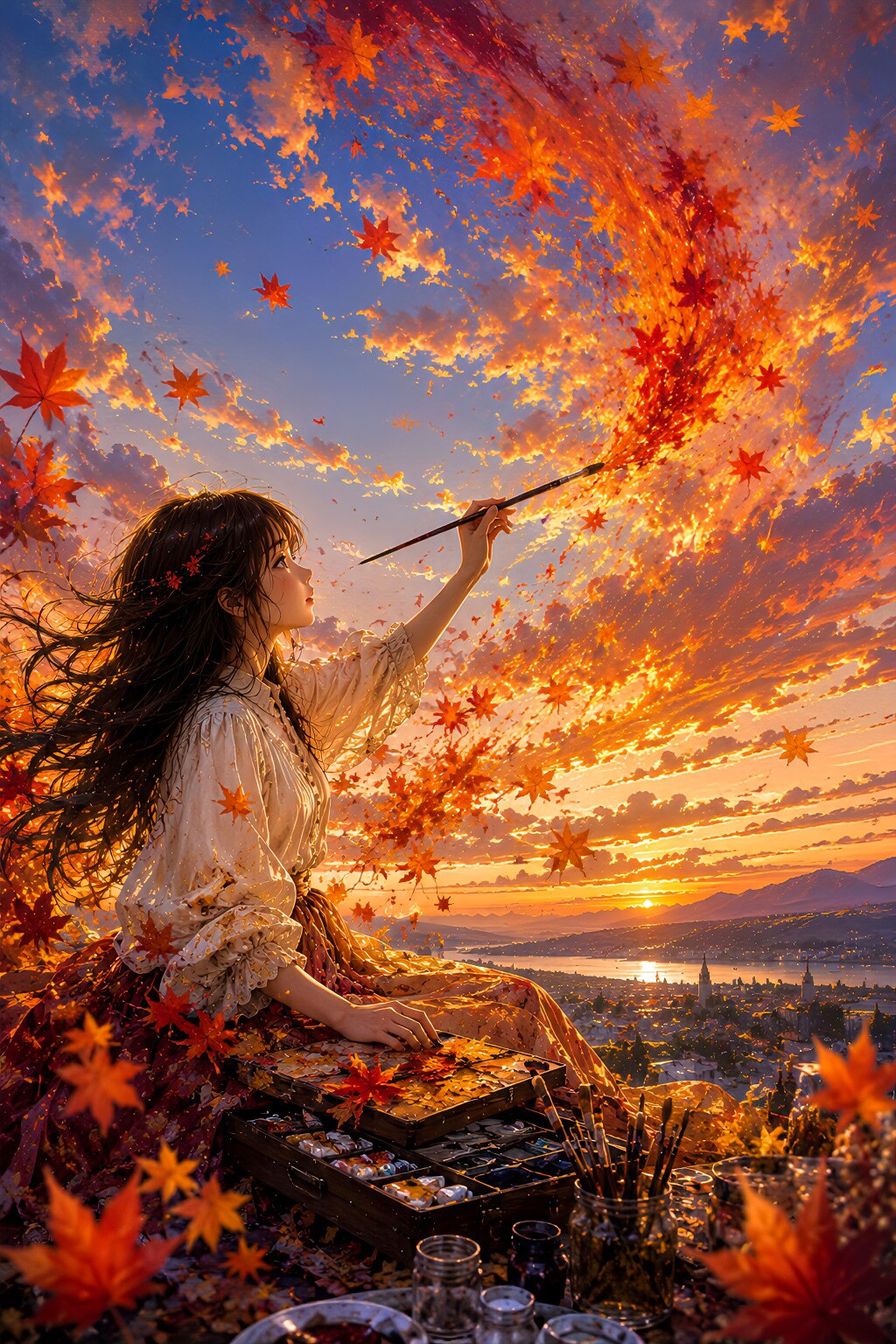 紅葉そのものが絵の具になって空を描いている少女 | の人気AIイラスト・グラビア