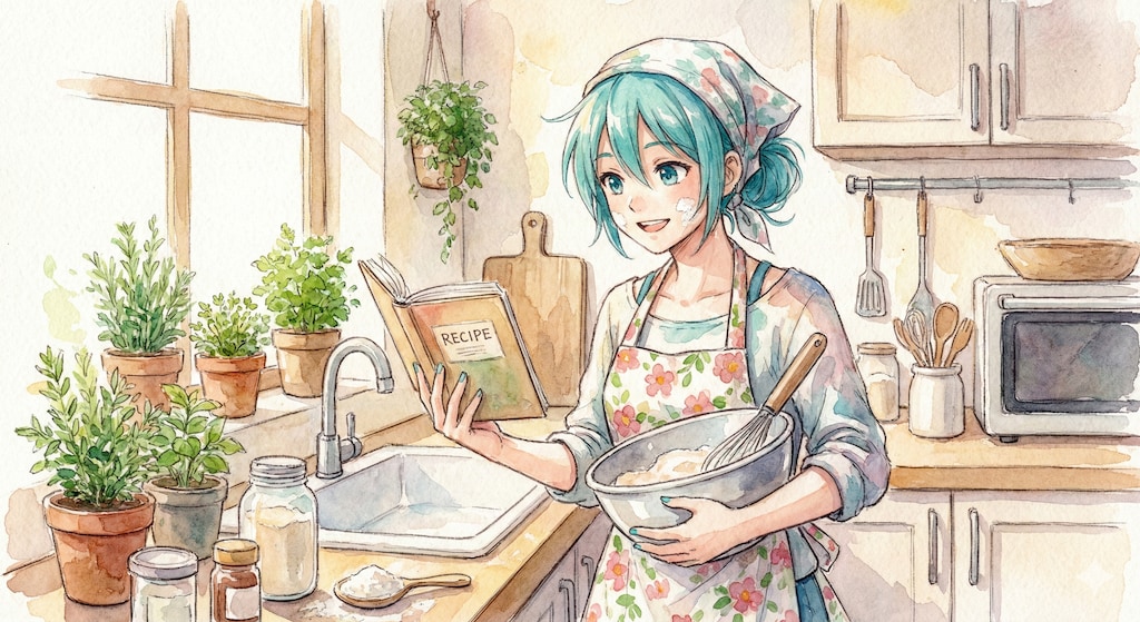 水彩画ミクさん　レシピとにらめっこ、粉まみれの笑顔