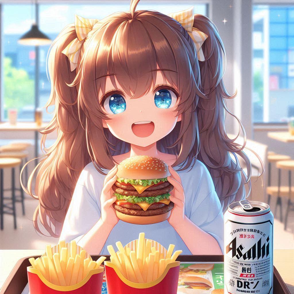 マ○クでギガビッグマ○クを食べる小さな女の子 | の人気AIイラスト・グラビア