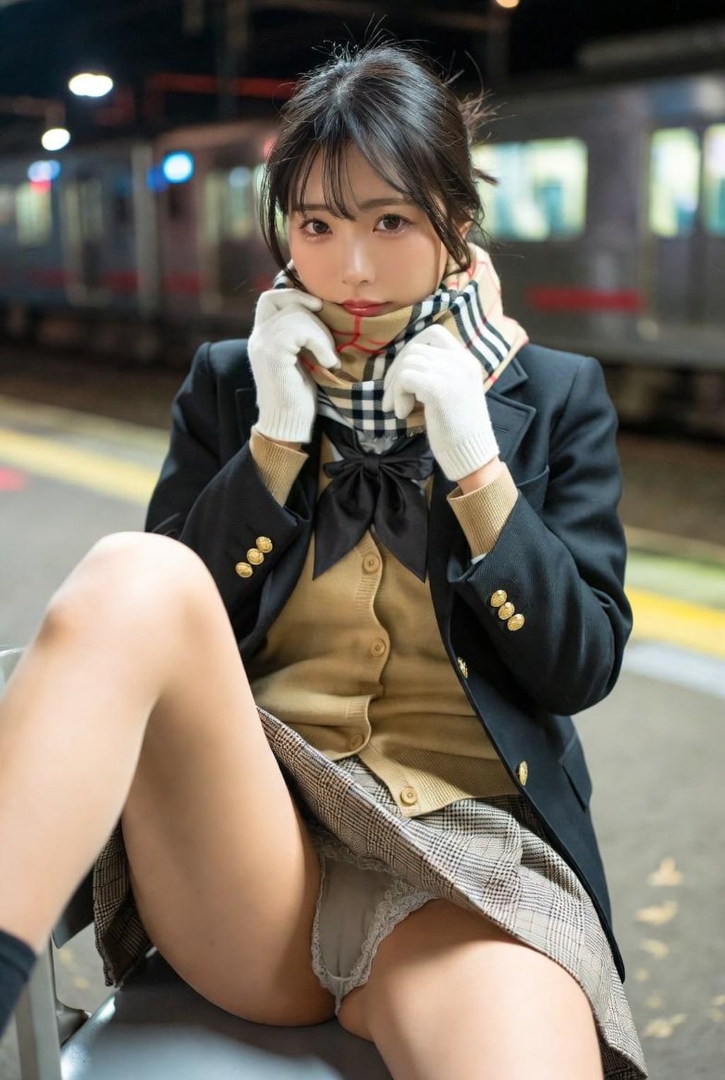 冬のホームで女子高生