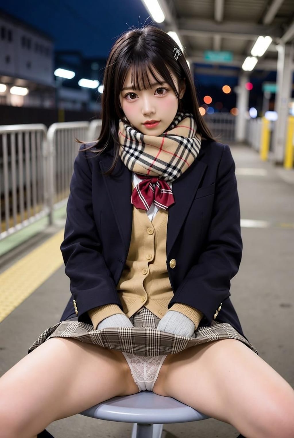 冬のホームで女子高生