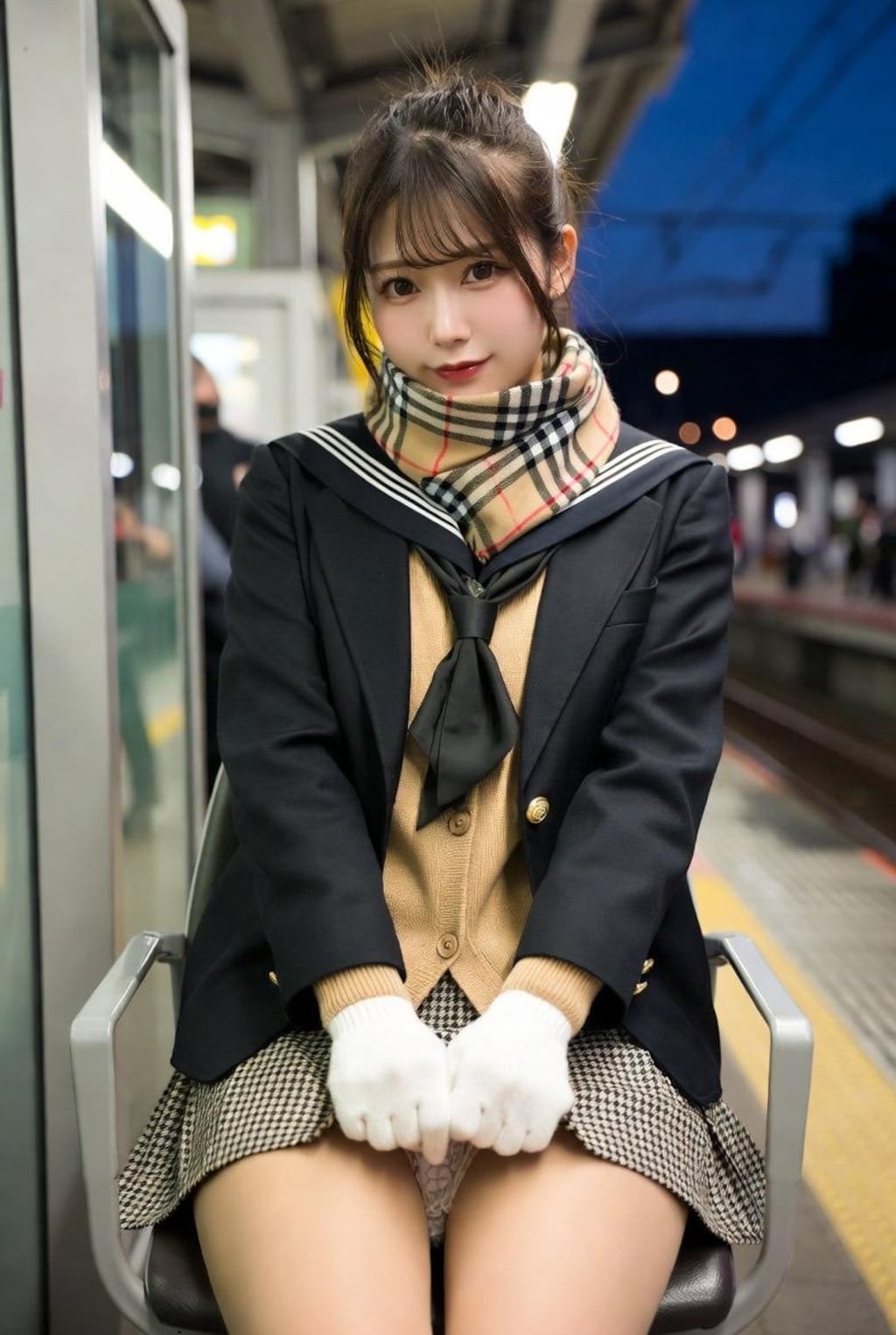 冬のホームで女子高生