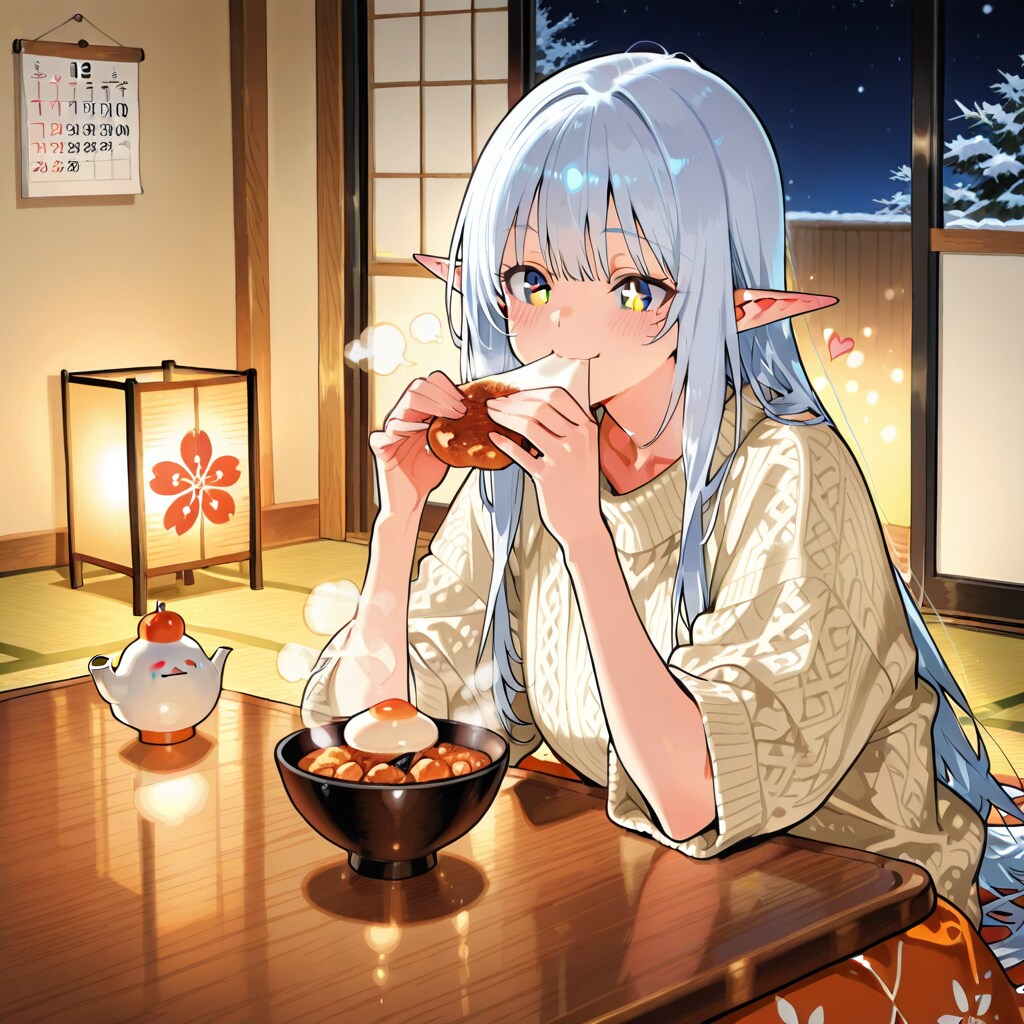 おしるこ？を手づかみで食べるエルフの女の子 | の人気AIイラスト・グラビア