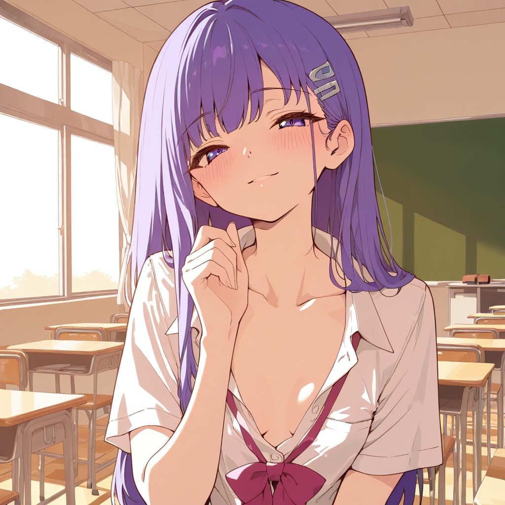 Cute purple hair girl shirt unbuttoned