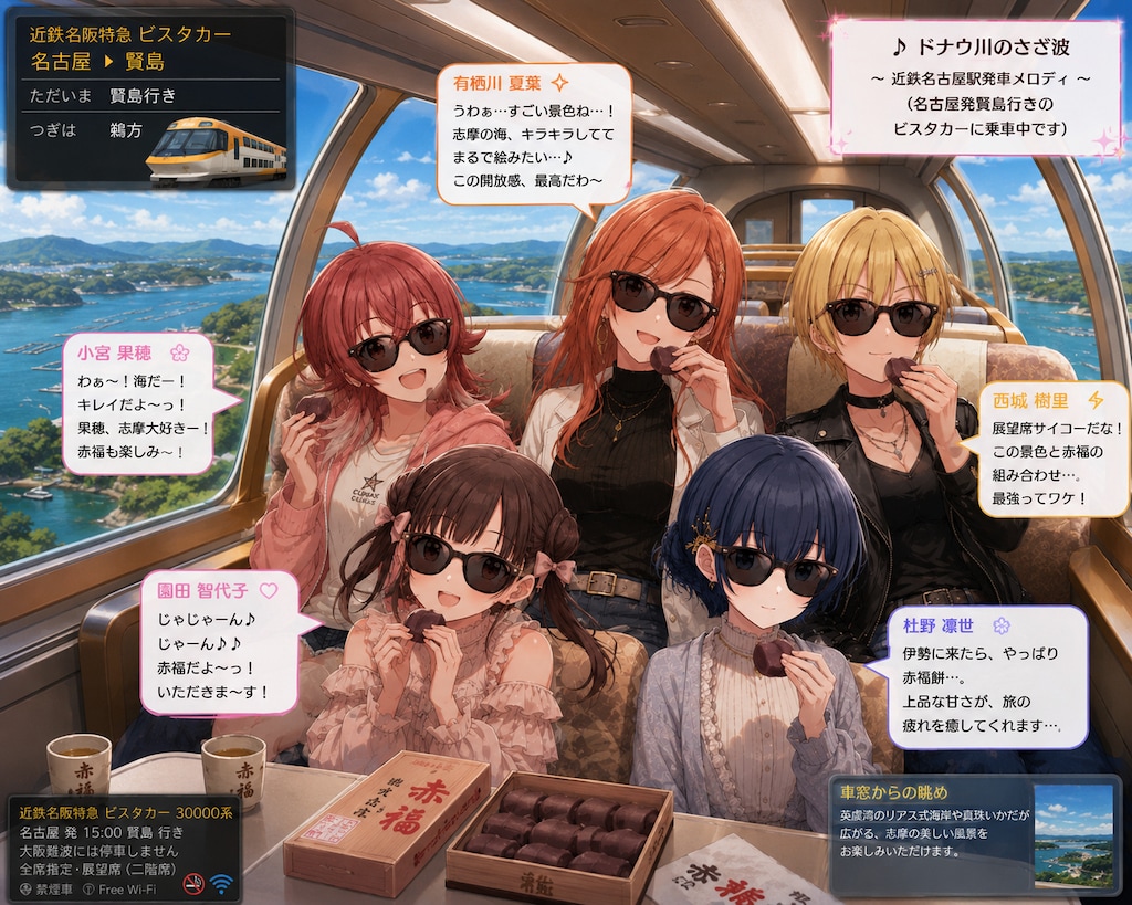 近鉄ビスタカーの車窓(伊勢志摩)を楽しみながら赤福餅を食べる放課後クライマックスガールズの子たち