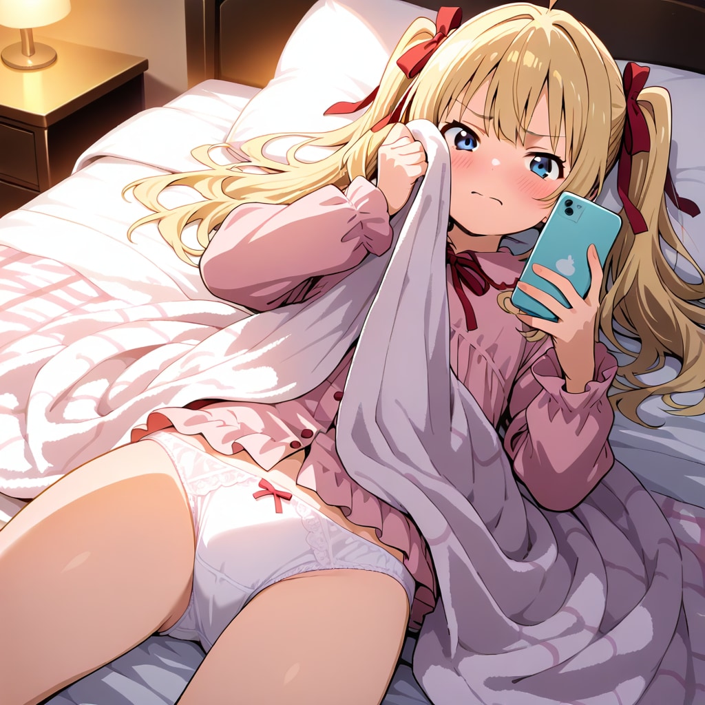 ベッドで白パンツ見せながらスマホ