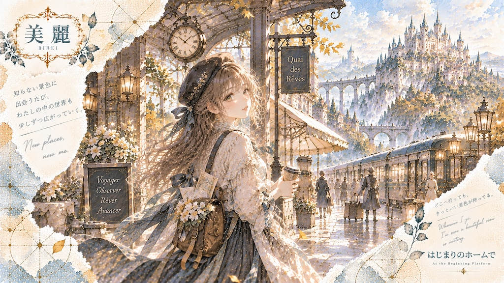 A traveler pausing at the platform's edge, a castle and a new horizon waiting beyond the tracks.  Ev